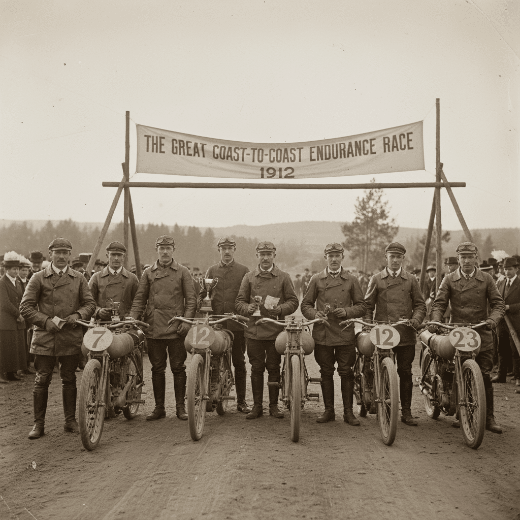 Vintage photo of motorcyclists at the 1912 Great Coast-to-Coast Endurance Race start line, showcasing early 20th-century racing.