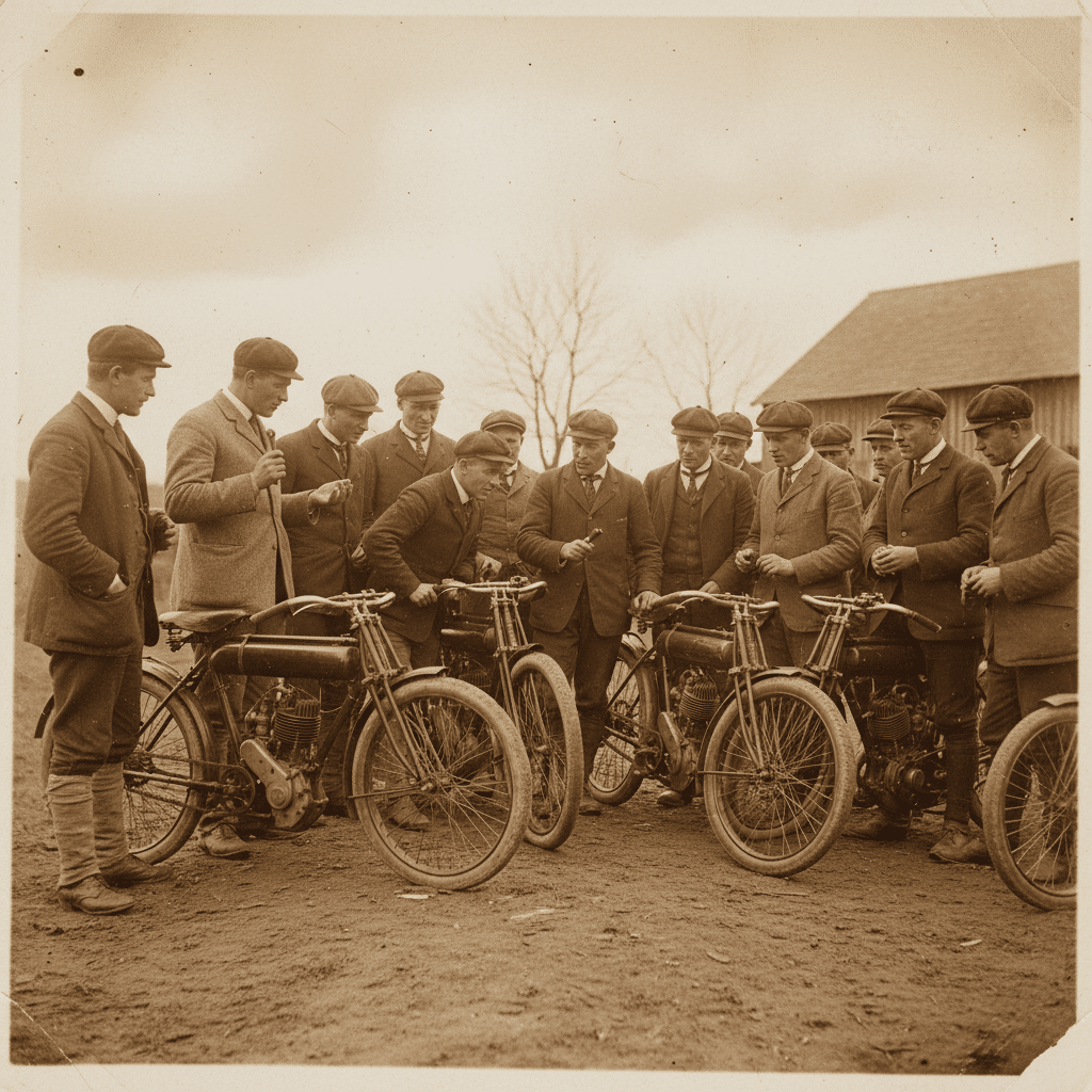 Vintage photo: Group of men in early 1900s attire discussing around motorcycles, showcasing historical motorbike culture.