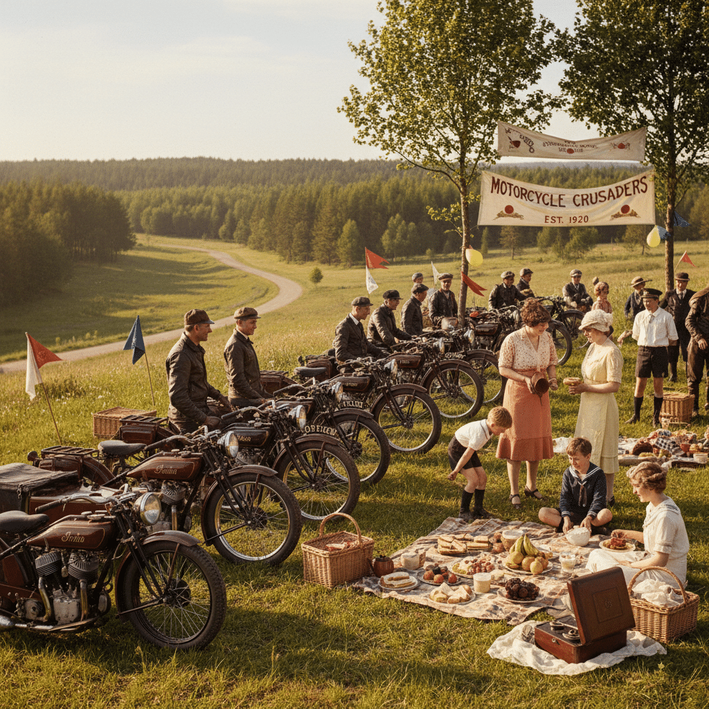 Vintage motorcycle club picnic in scenic countryside with classic bikes, families enjoying snacks under a 'Motorcycle Crusaders' banner.