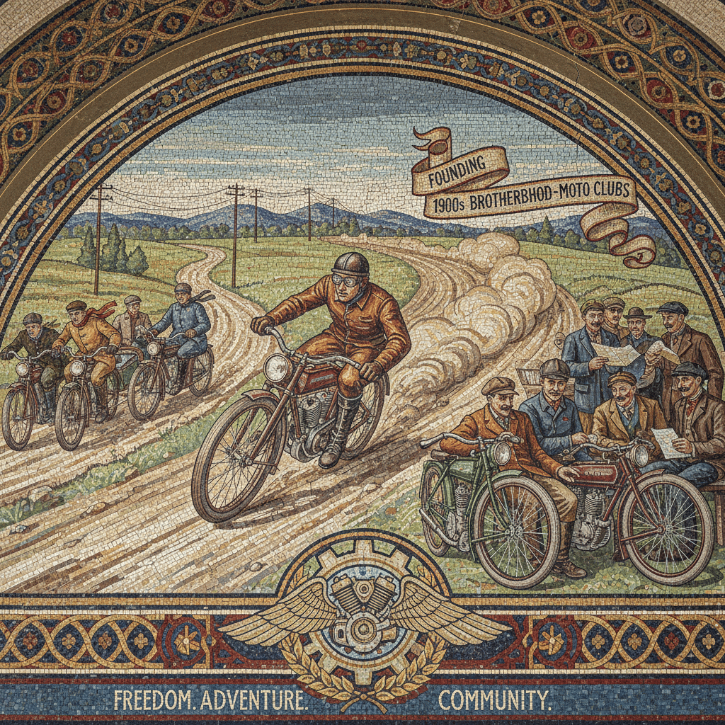 Mosaic depicting early 1900s motorcycle clubs, highlighting freedom and community spirit among vintage bikers on a country road.