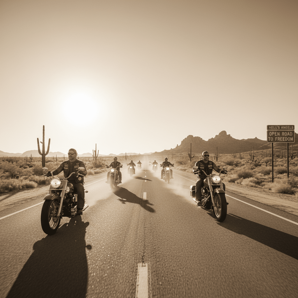 Motorcyclists ride through a desert highway with cacti, under a bright sun, embodying freedom and adventure.