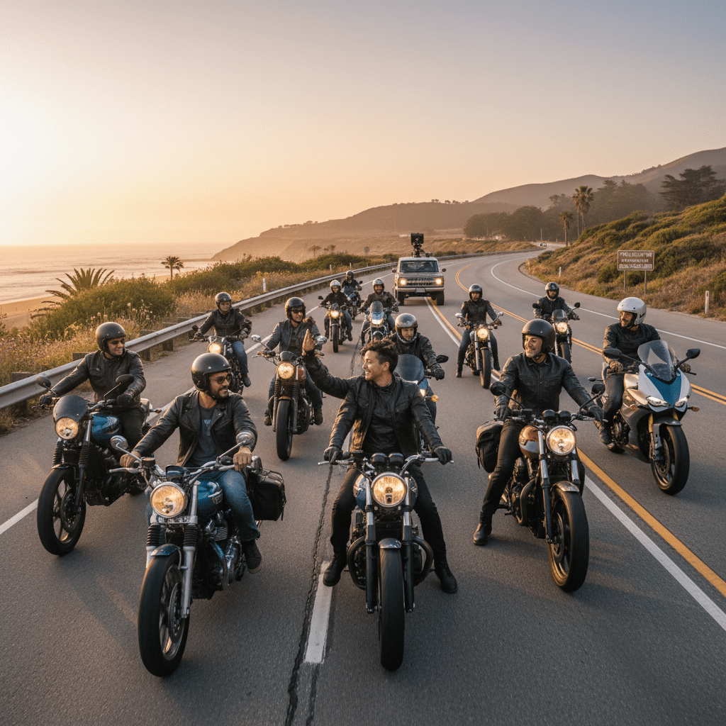 Group of motorcyclists enjoying a scenic coastal ride at sunset, showcasing camaraderie and freedom on an open highway.