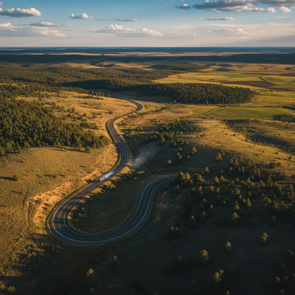 Aerial view of a winding road through a scenic, sunlit landscape with fields and forests under a blue sky with clouds.