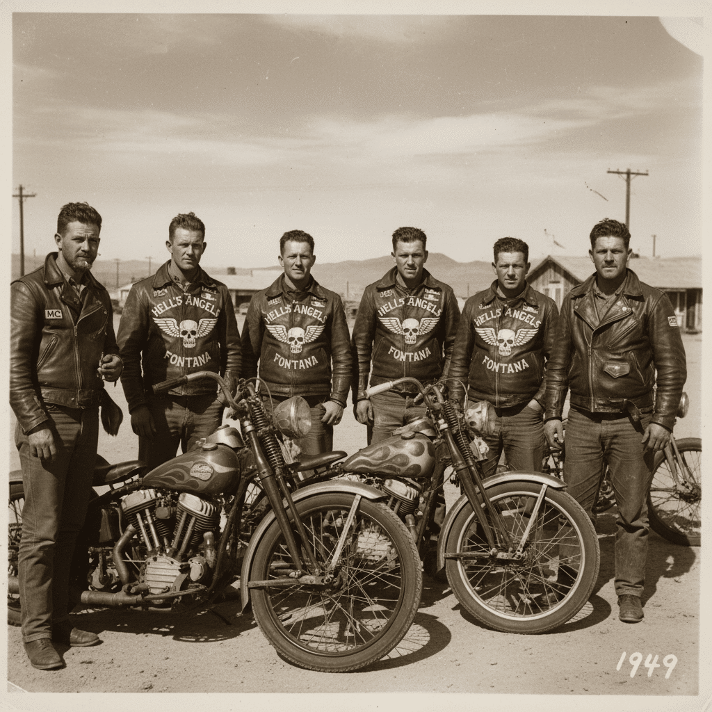 Group of men in leather jackets with motorcycles, desert background, 1949. Retro biker culture, vintage photo.