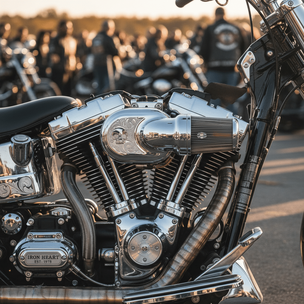 Close-up of a polished motorcycle engine with engraved details at a biker gathering, showcasing mechanical craftsmanship and style.