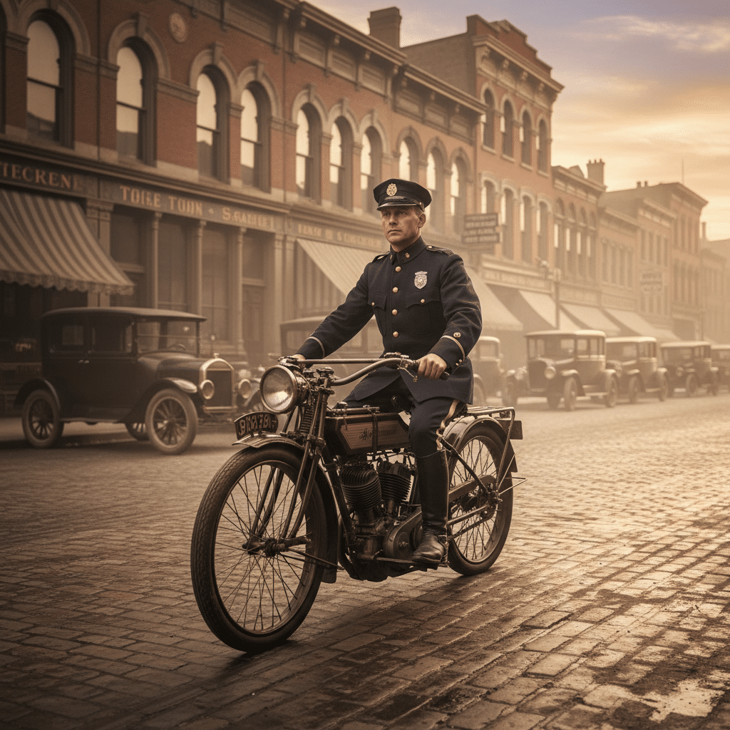 Vintage police officer riding a classic motorcycle on a cobblestone street, with historic buildings in the background.