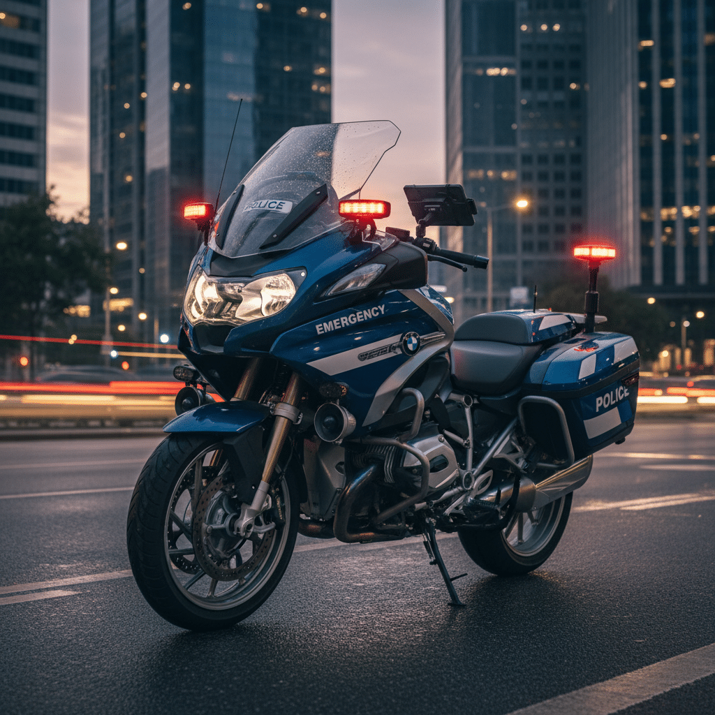 Police motorcycle with red lights on, parked on city street at dusk.