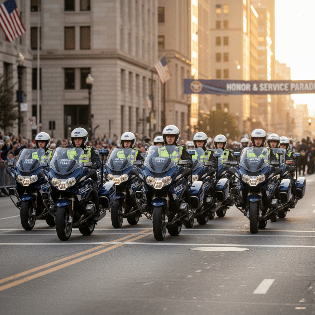 Police motorcycle unit leads city parade, highlighting honor and service amidst a vibrant cityscape.