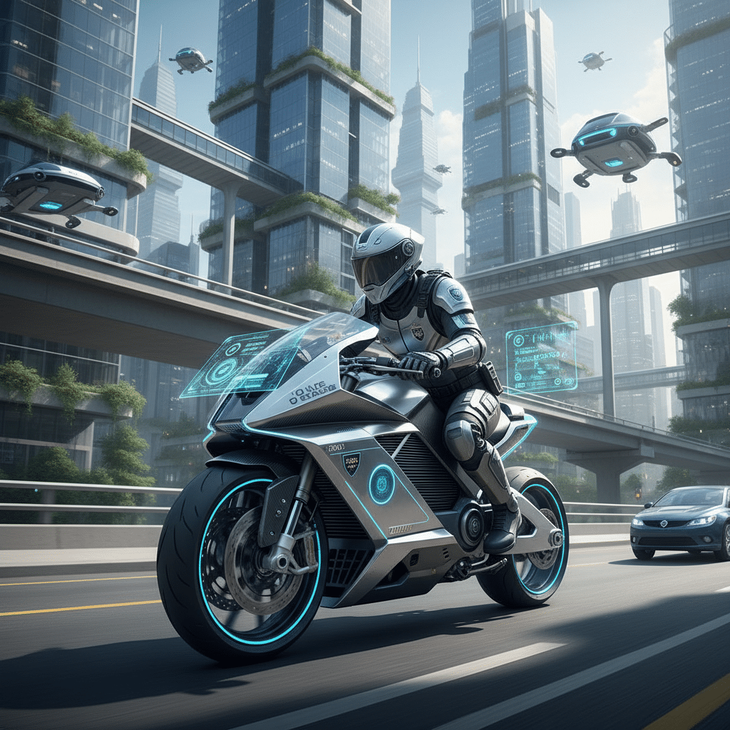 Futuristic biker on advanced motorcycle in urban cityscape with drones and green skyscrapers. Hyper-modern transportation concept.