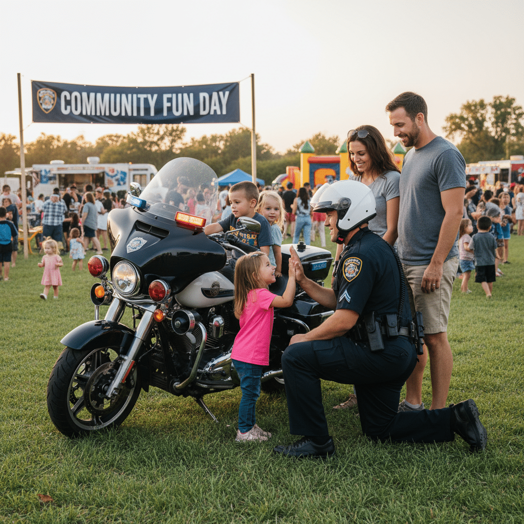 Police officer high-fives a smiling child at Community Fun Day event, with families and activities in the background.