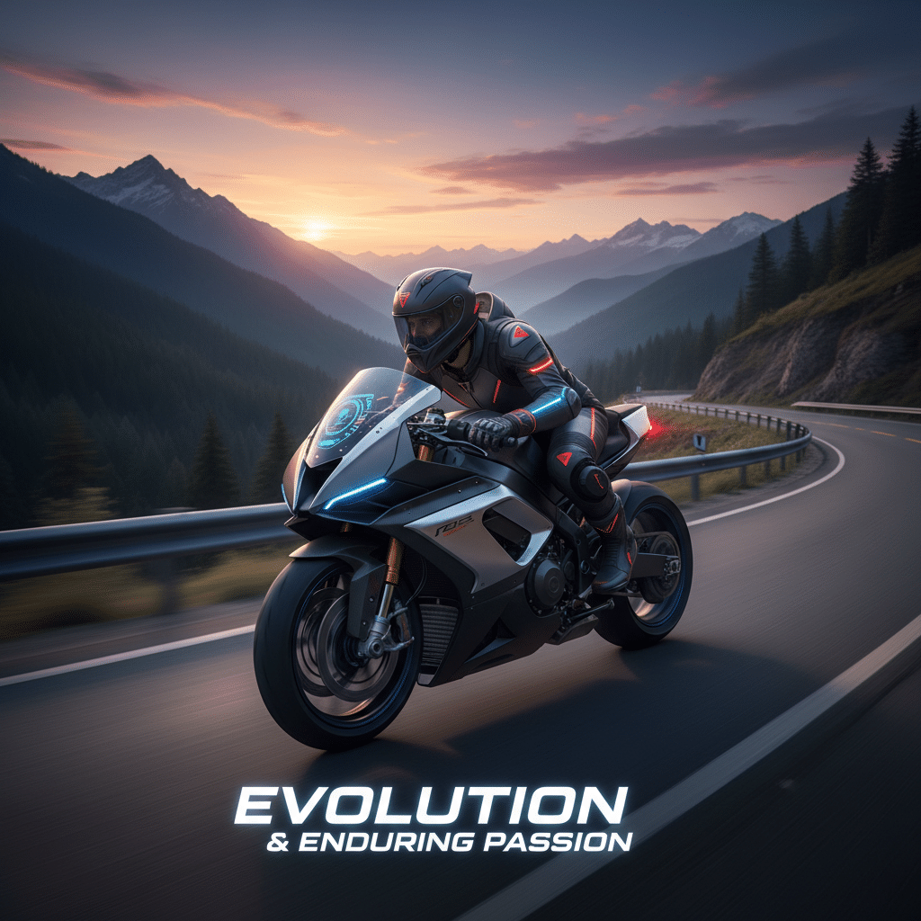 Futuristic motorcycle racing on a scenic mountain road at sunset, showcasing evolution and passion in design and technology.