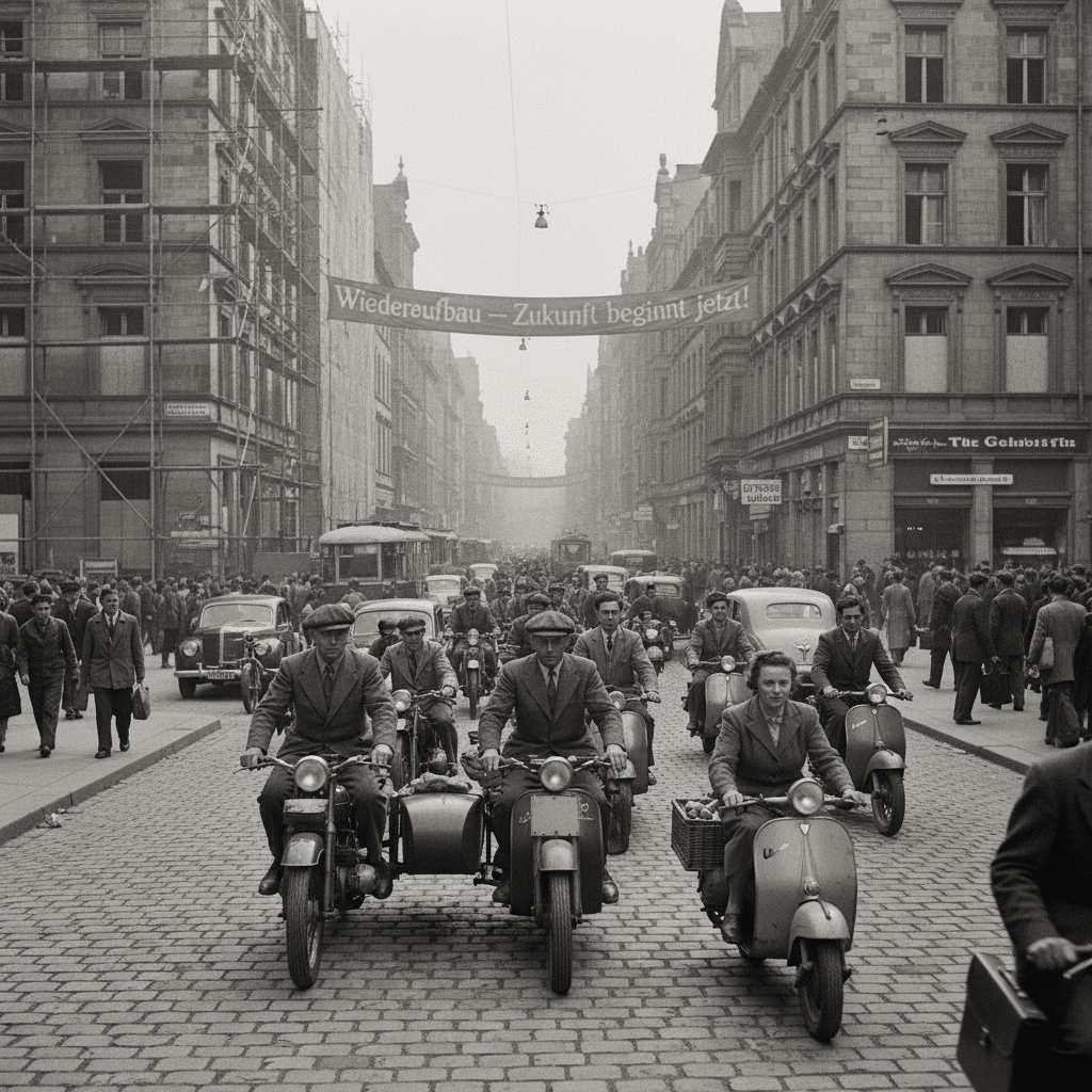 Historic city street bustling with motorbikes and pedestrians, 1950s Germany, Wiederaufbau – Zukunft beginnt jetzt! banner visible.