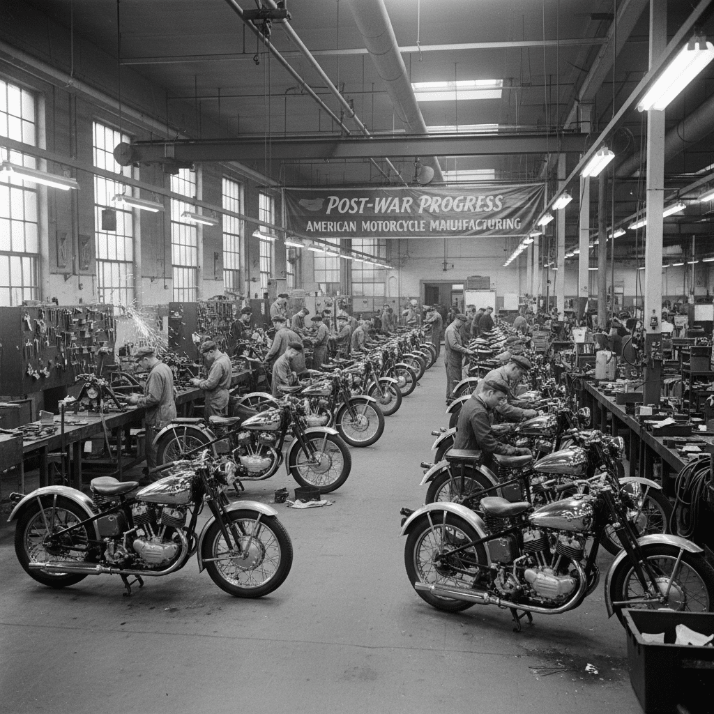 Motorcycle factory workers assembling bikes, showcasing post-war American manufacturing progress. Black and white industrial image.
