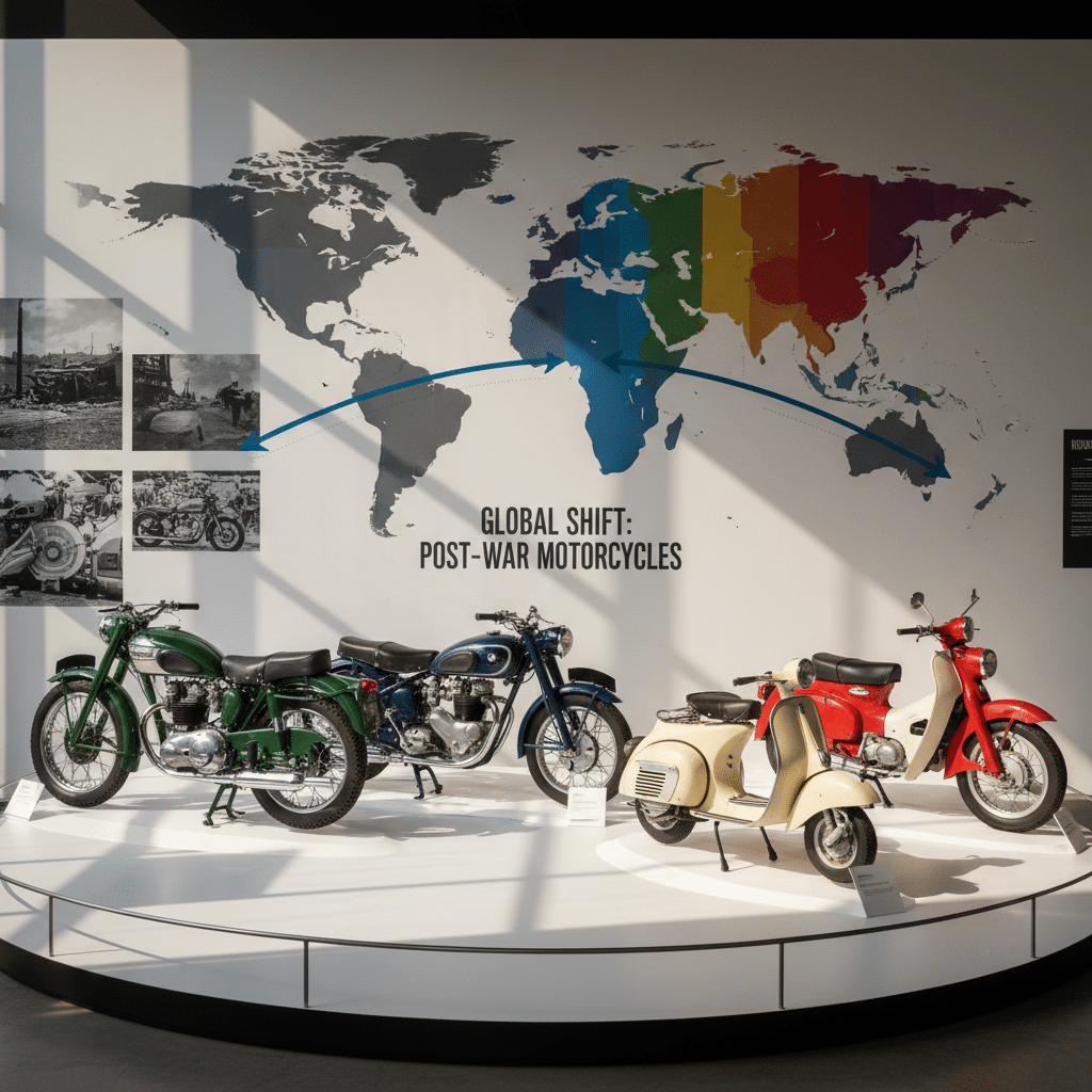 Exhibit of vintage post-war motorcycles with a world map background highlighting global industry shifts.