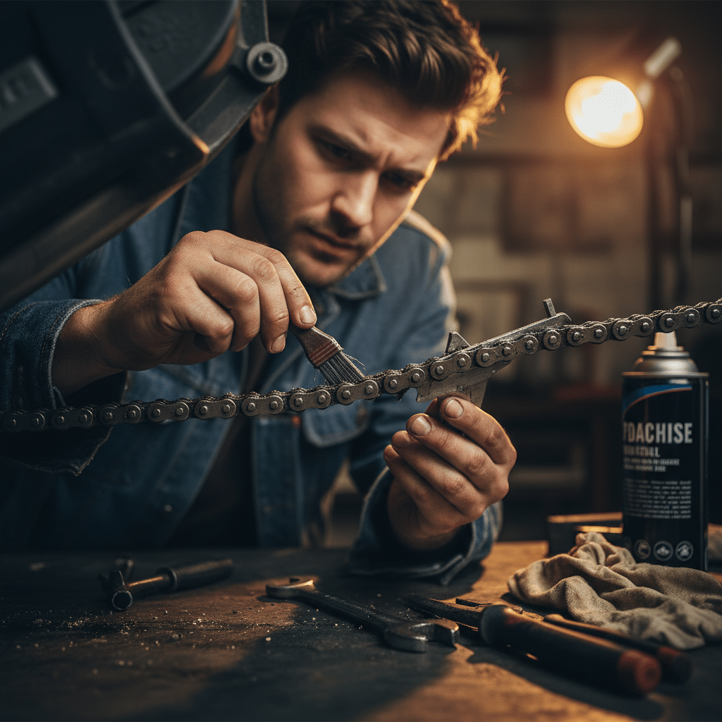 Man maintaining bike chain in workshop, using tools and lubrication, focused on detail and precision.