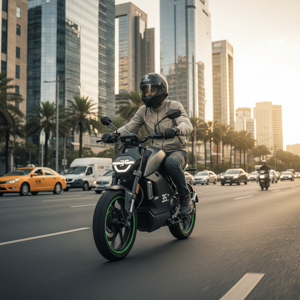 Motorcyclist rides through bustling urban street lined with skyscrapers and palm trees at sunset.
