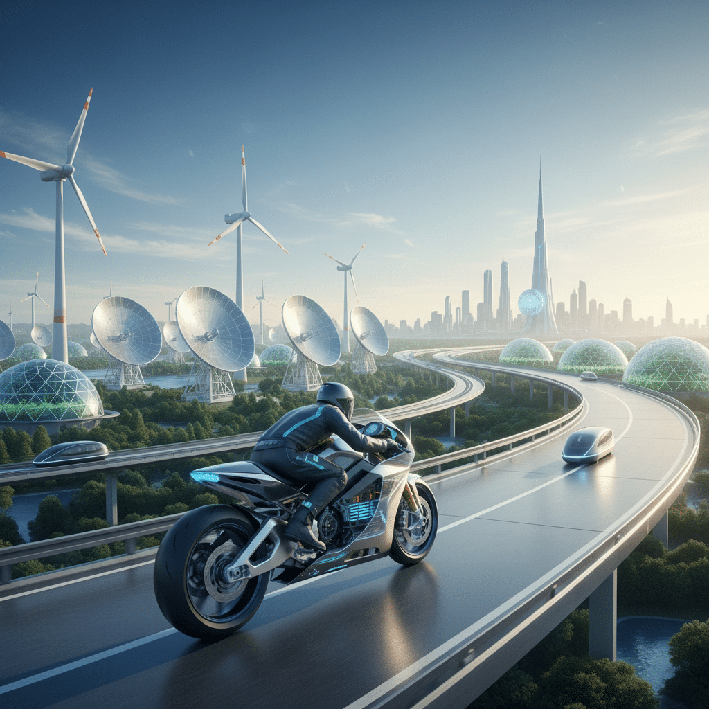 Futuristic cityscape with a motorcyclist on a high-tech highway, surrounded by wind turbines and modern architecture.