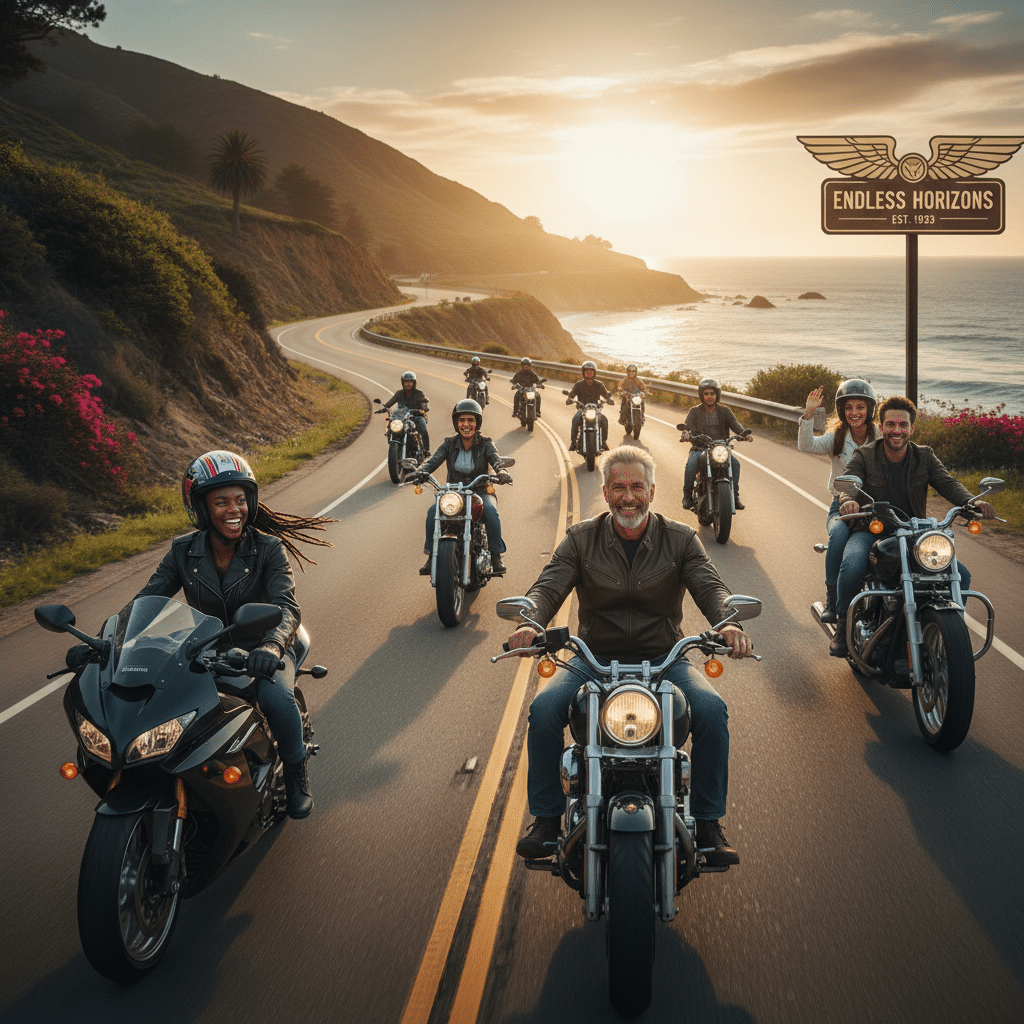 Group of motorcyclists riding along a scenic coastal highway at sunset, with an Endless Horizons sign in the background.