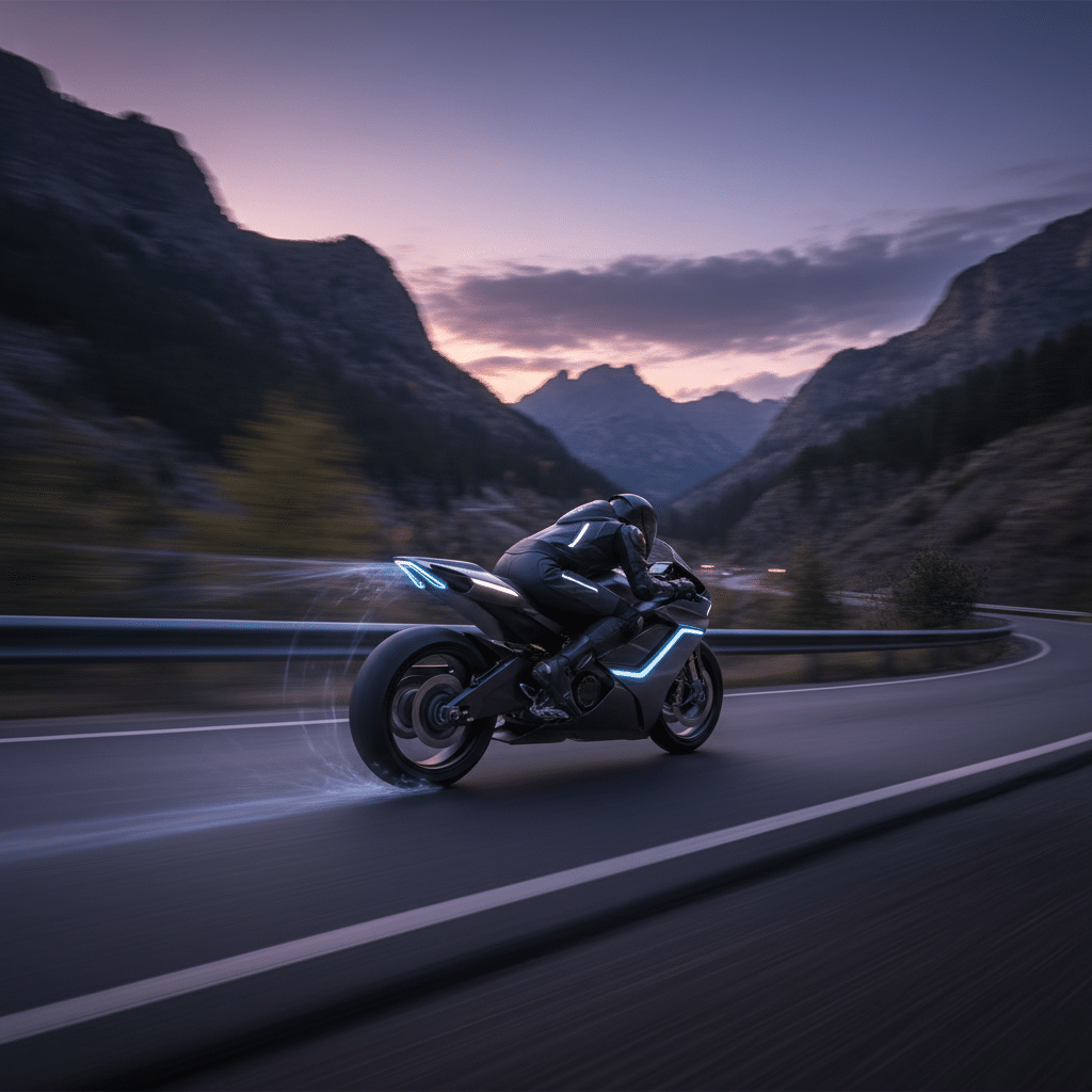 Futuristic motorcycle speeding through a mountain road at dusk, glowing neon lights highlighting its sleek design.