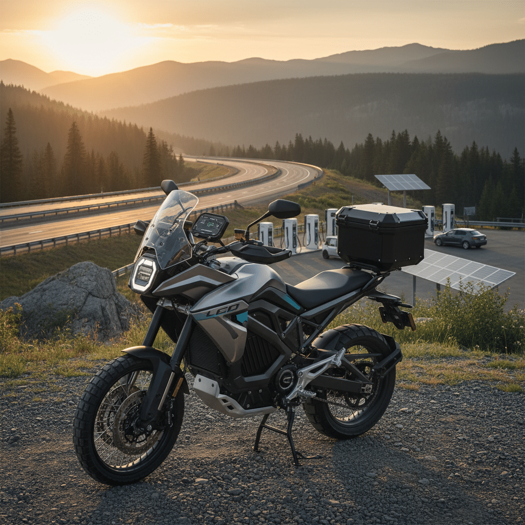 Electric motorcycle at sunset with a scenic mountain backdrop and a nearby charging station.