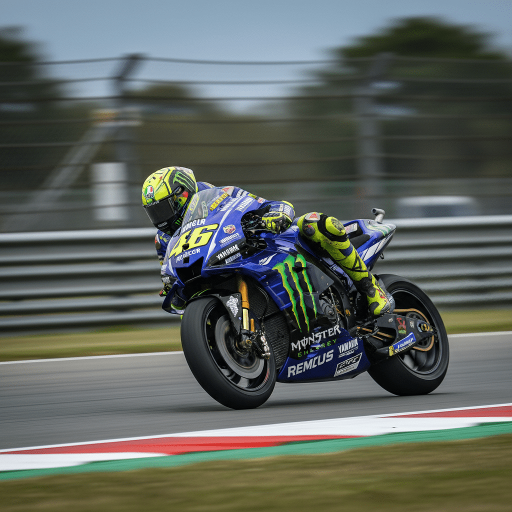 Motorcycle racer in action on a blue Yamaha bike, leaning into a corner with speed and precision on a racetrack.