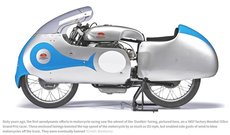 Vintage 1957 Mondial 125cc Grand Prix race motorcycle with aerodynamic Dustbin fairing, boosting top speeds, displayed on stand.