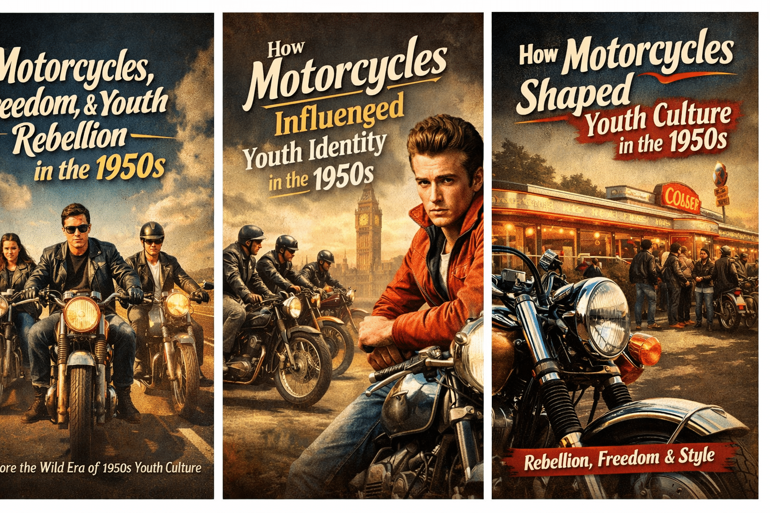 1950s motorcycles shaping youth culture and rebellion, featuring iconic imagery of riders, leather jackets, and freedom.