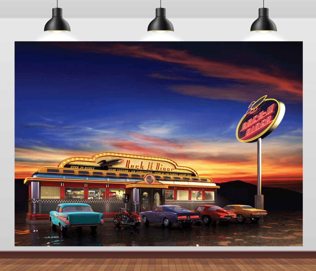 Vintage diner at sunset with classic cars parked outside, bright neon lights and retro vibes.